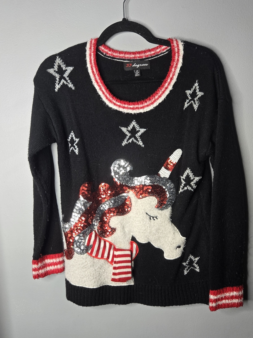 33 Degrees Sequin Unicorn Christmas Sweater | Women's Medium Black Holiday Knit